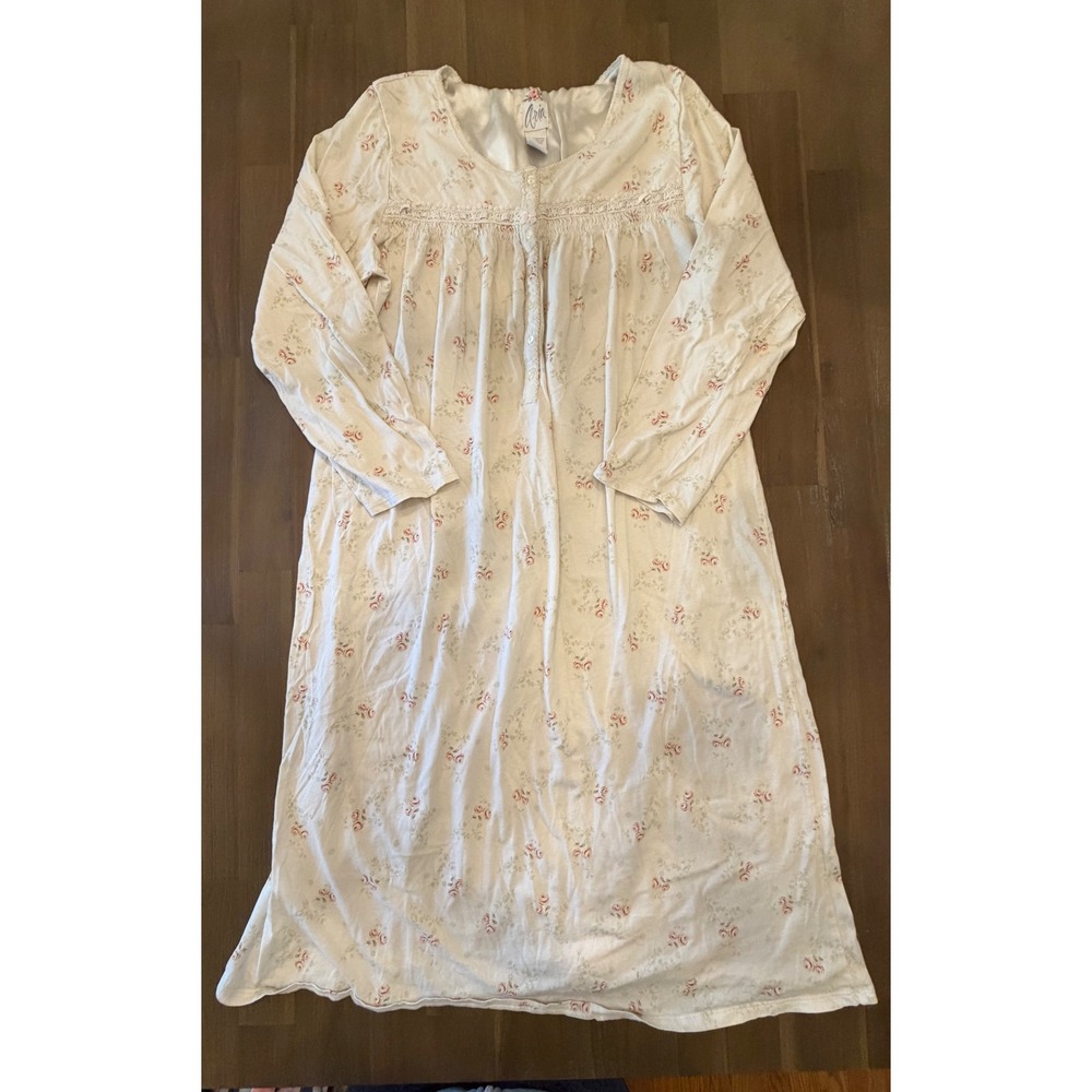 Aria Women Medium Cream Pink Floral Cotton Long Sleeve Nightgown Lace Trim